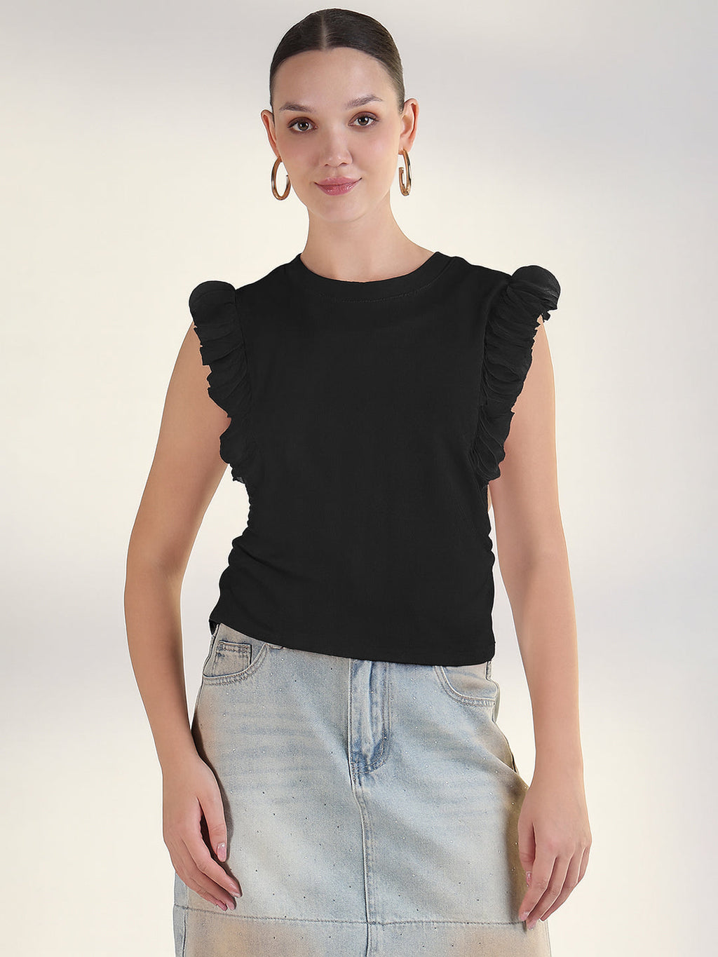 Women's Black Sleeveless Top with Ruffle Hem