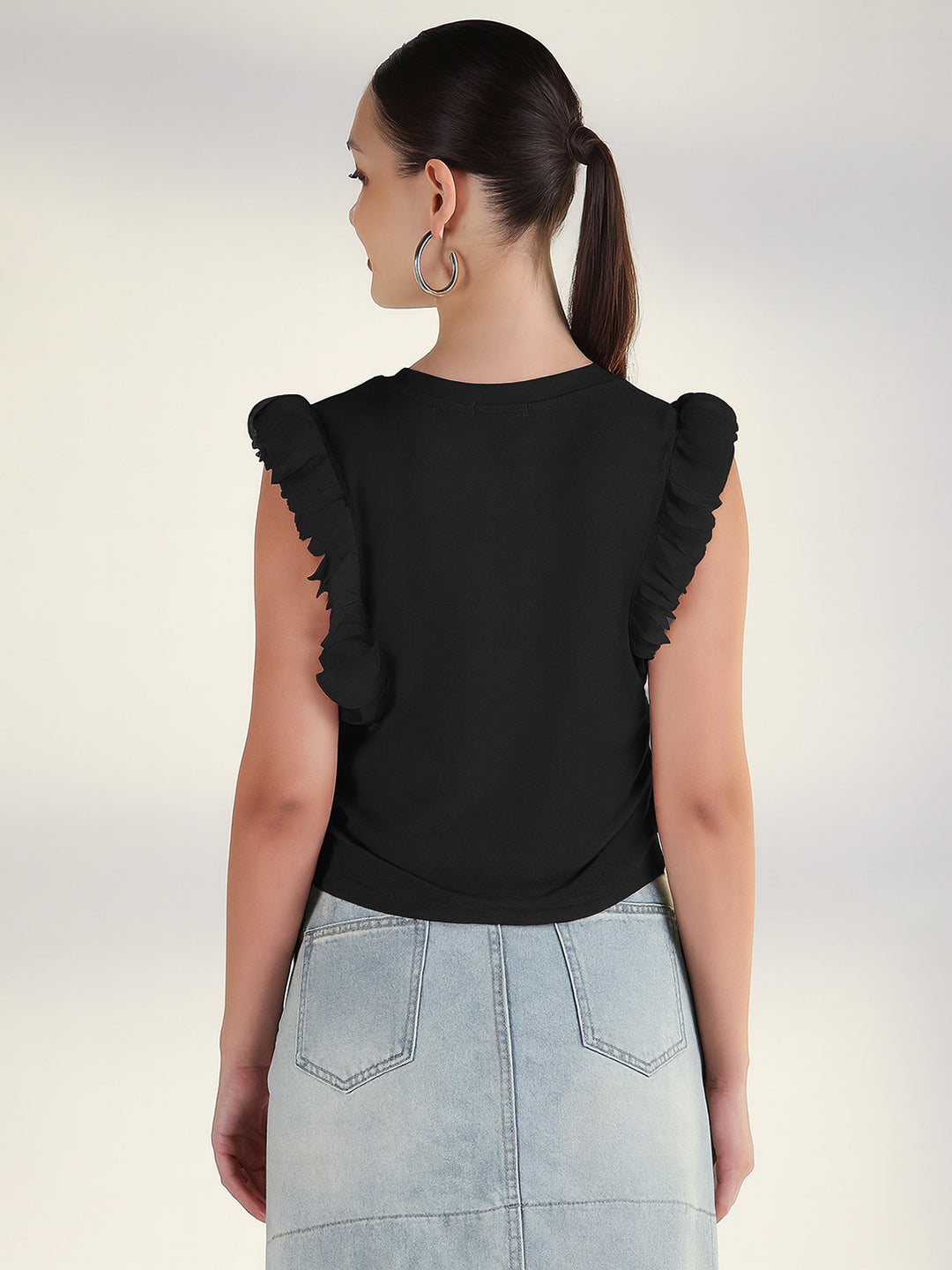 Women's Black Sleeveless Top with Ruffle Hem