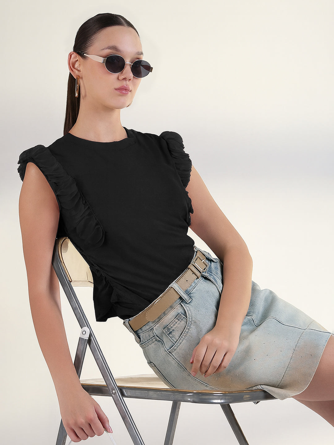 Women's Black Sleeveless Top with Ruffle Hem