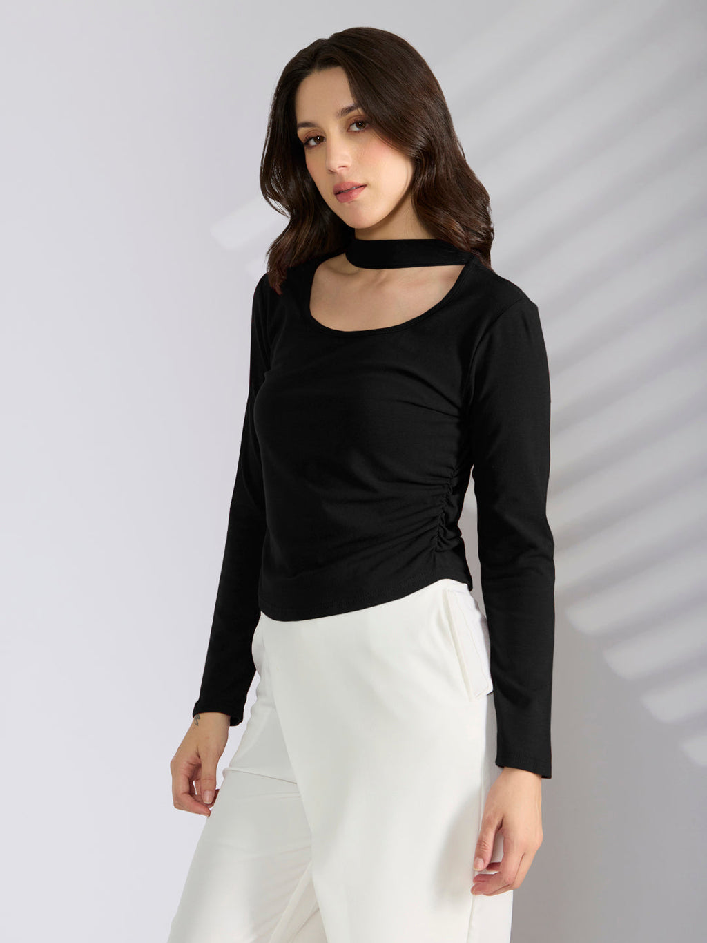 Women’s Black Choker Neck Long Sleeve Ruched Top