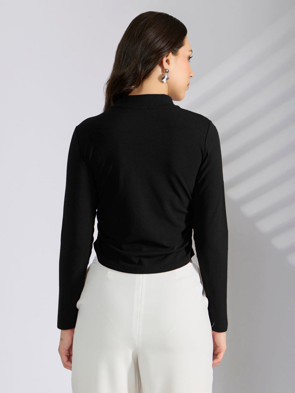 Women’s Black Choker Neck Long Sleeve Ruched Top