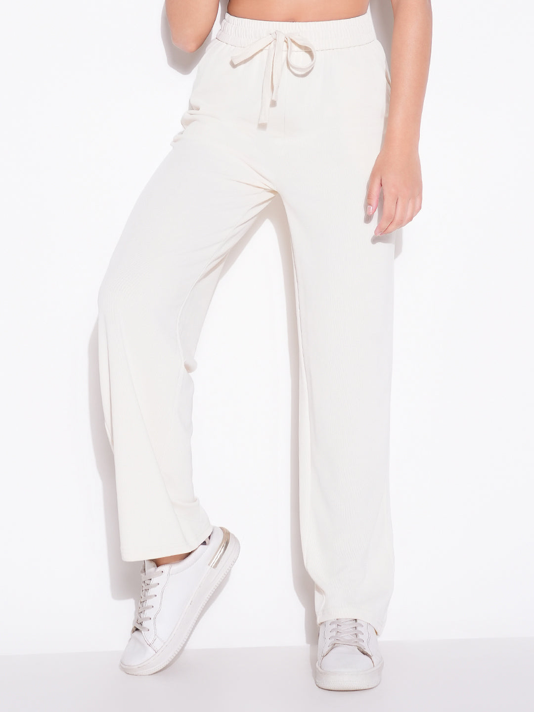 Women's Cream Comfort Regular Fit Mid-Rise Parallel Trousers