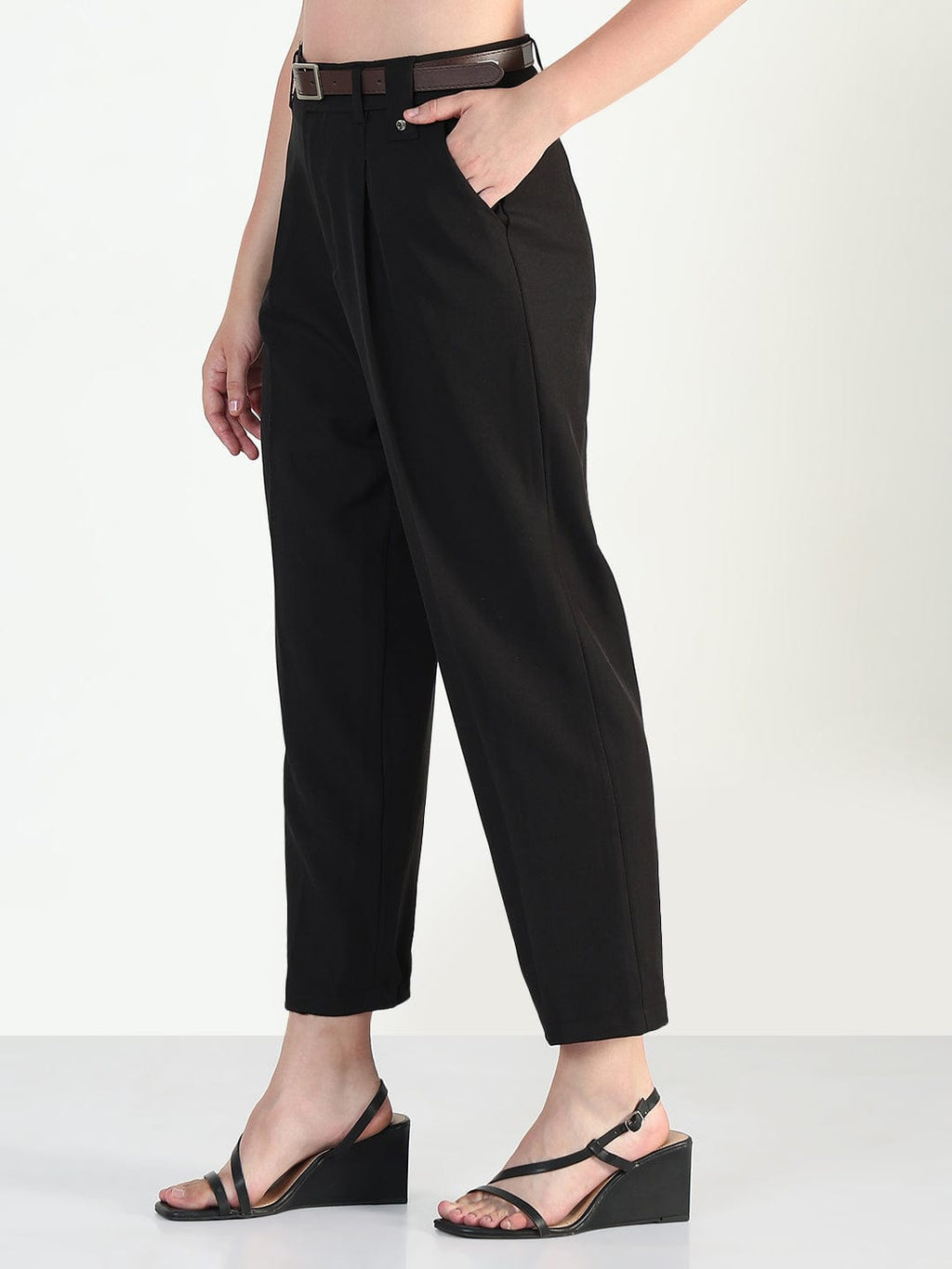 Women's Black Straight Fit Korean Pants with Belt