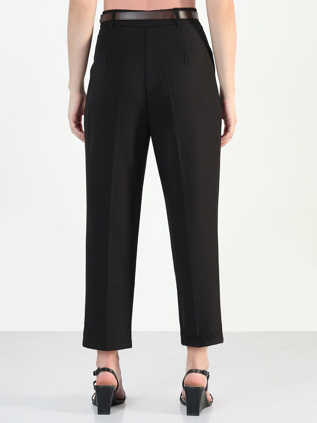 Women's Black Straight Fit Korean Pants with Belt