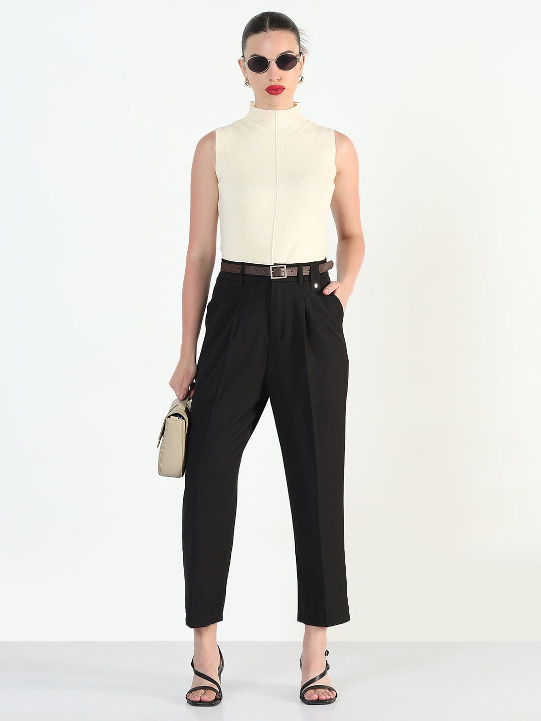 Women's Black Straight Fit Korean Pants with Belt