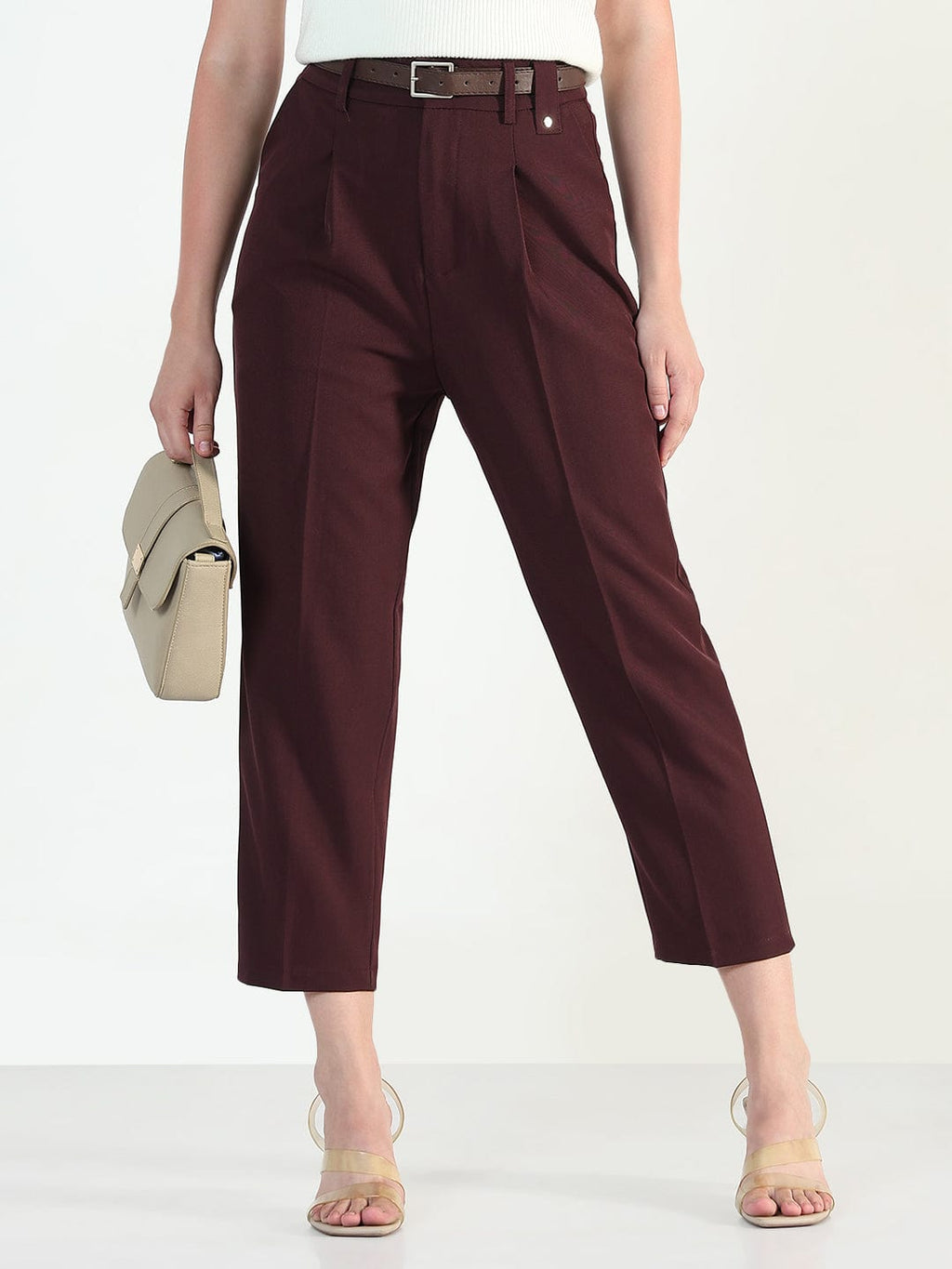 Women's Burgundy Straight Fit Korean Pants with Belt