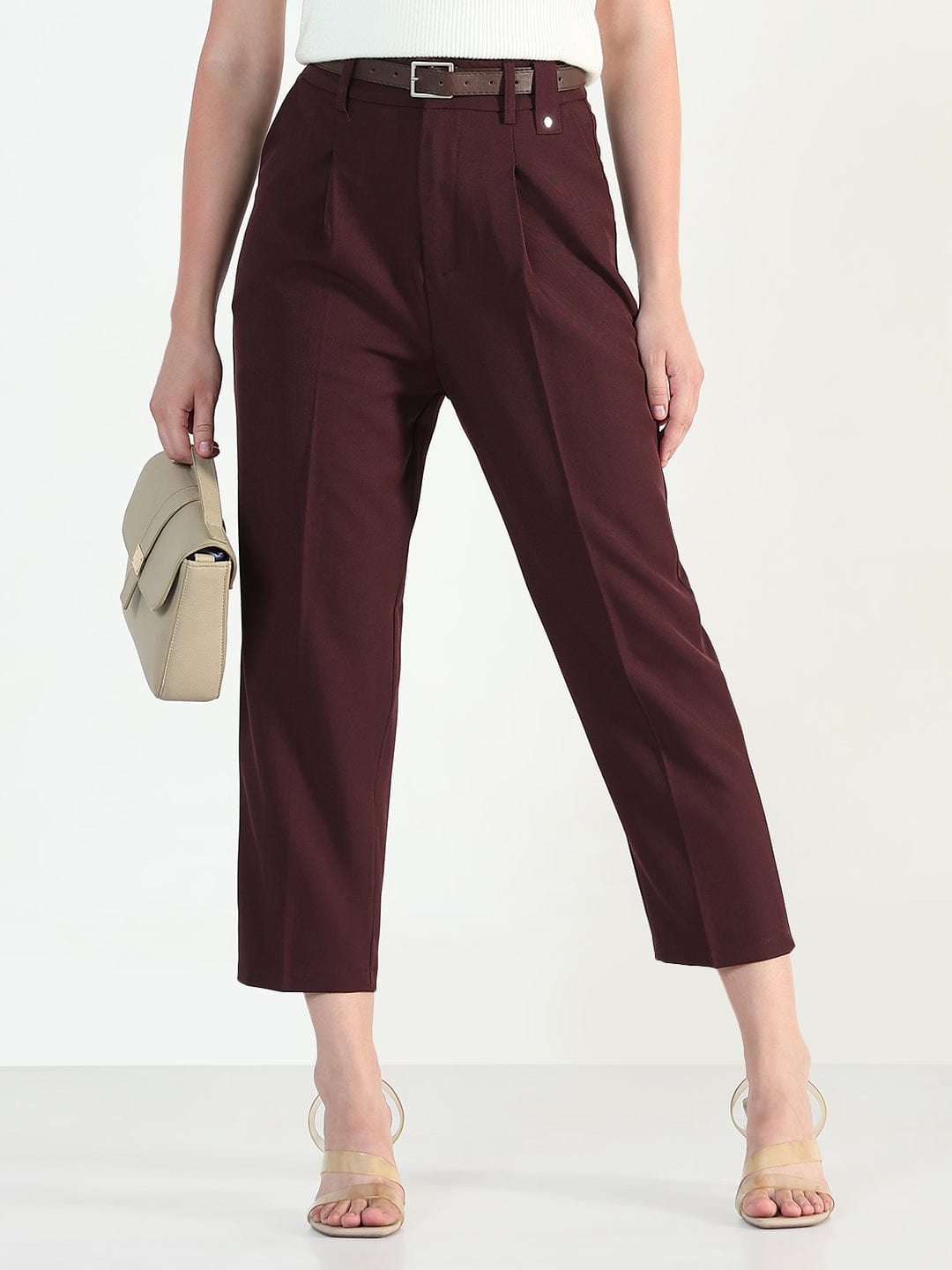 Women's Burgundy Straight Fit Korean Pants with Belt