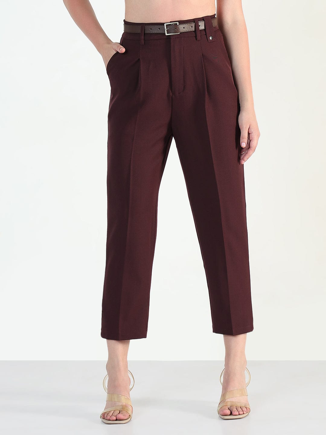 Women's Burgundy Straight Fit Korean Pants with Belt