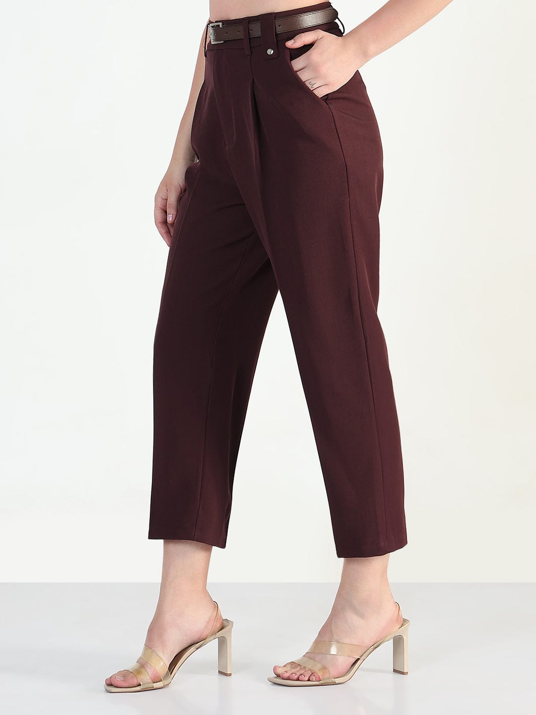 Women's Burgundy Straight Fit Korean Pants with Belt