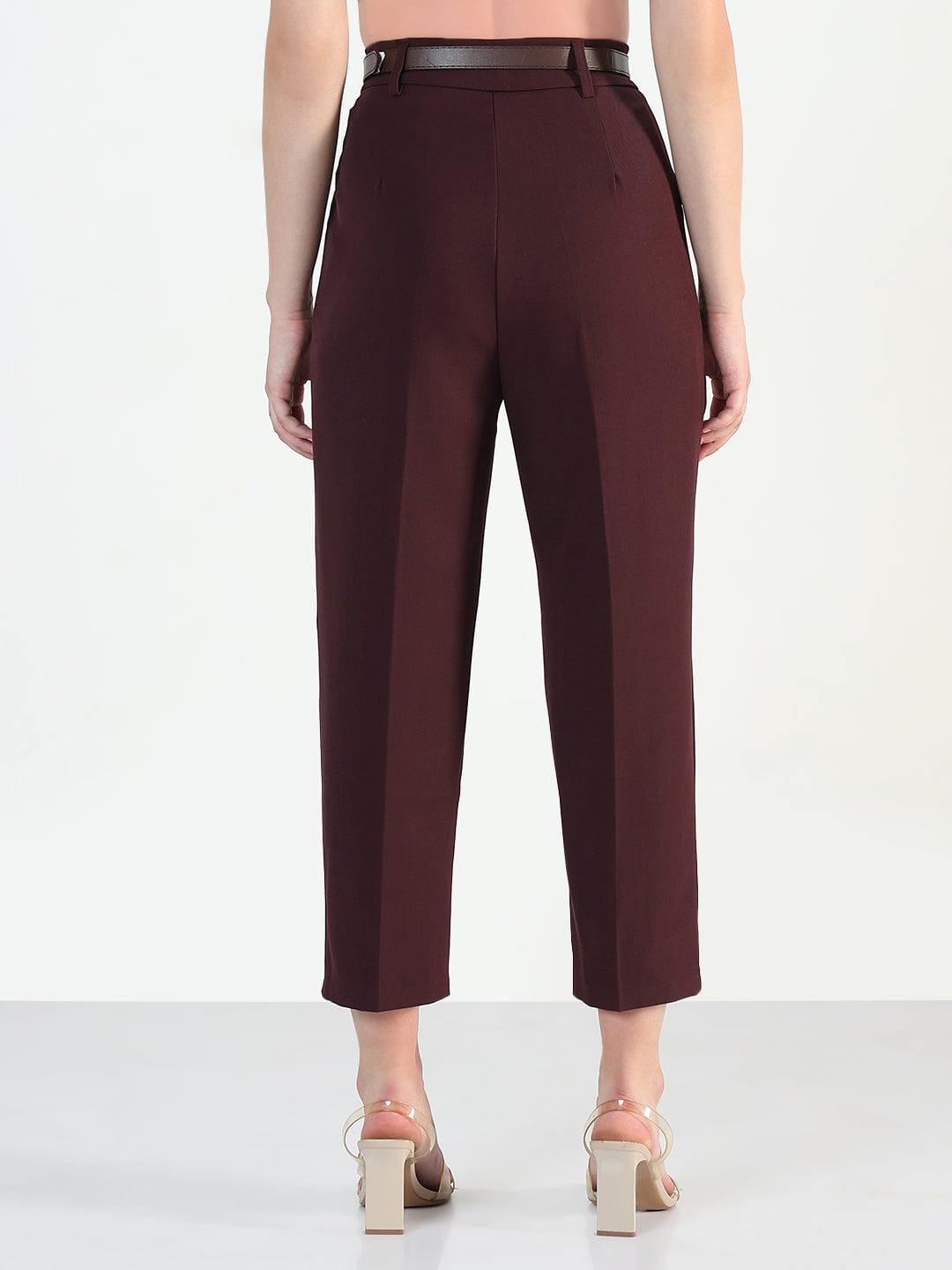 Women's Burgundy Straight Fit Korean Pants with Belt