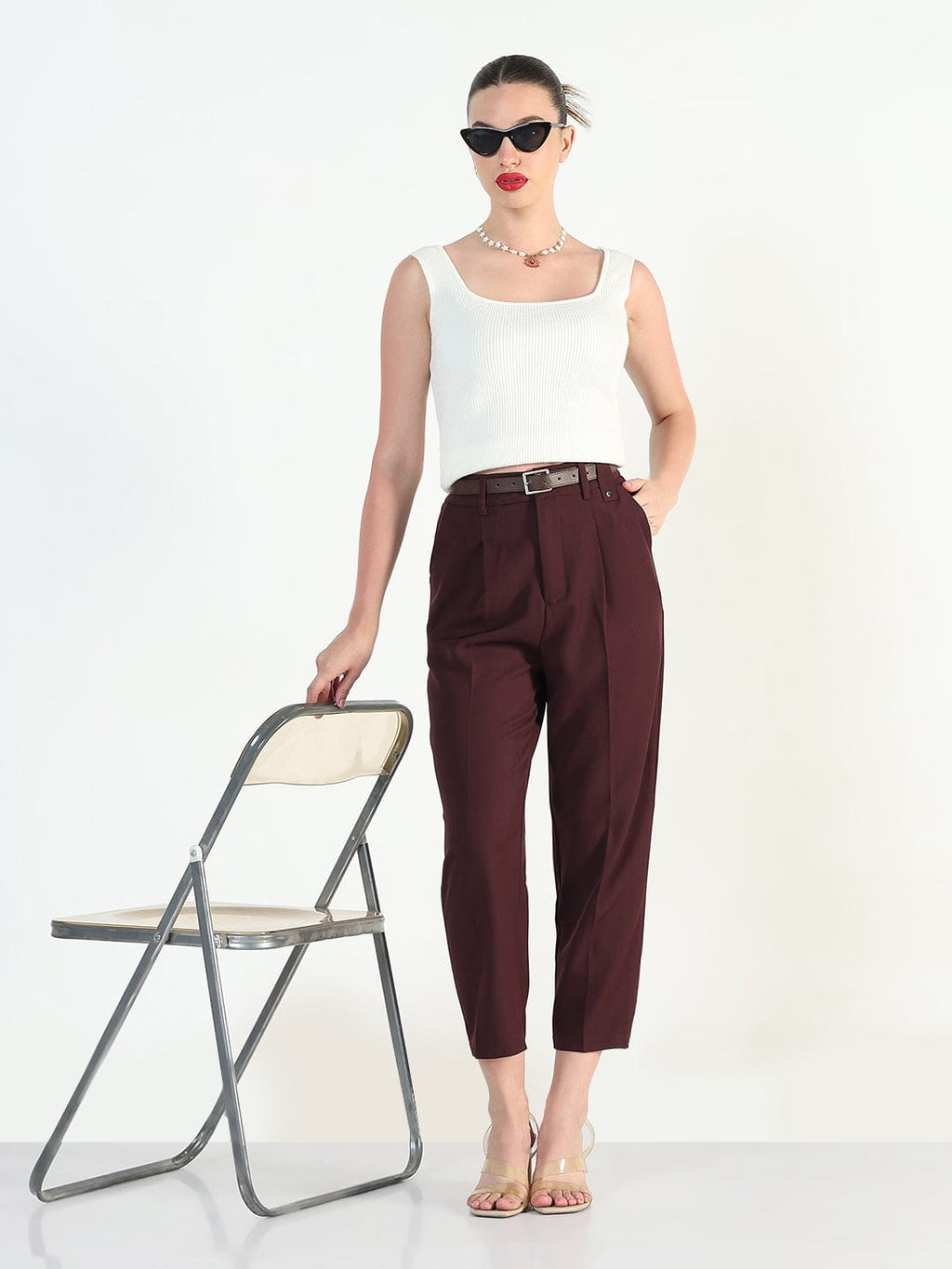 Women's Burgundy Straight Fit Korean Pants with Belt