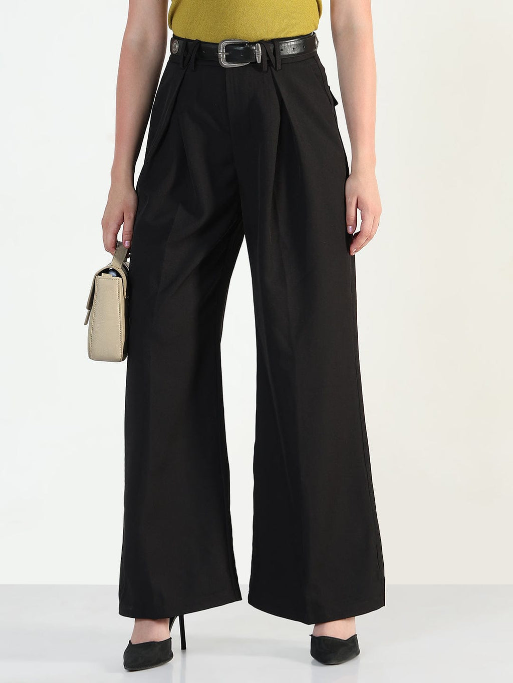 Women's Black Baggy Korean Pants with Belt
