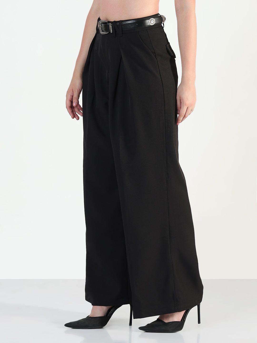 Women's Black Baggy Korean Pants with Belt