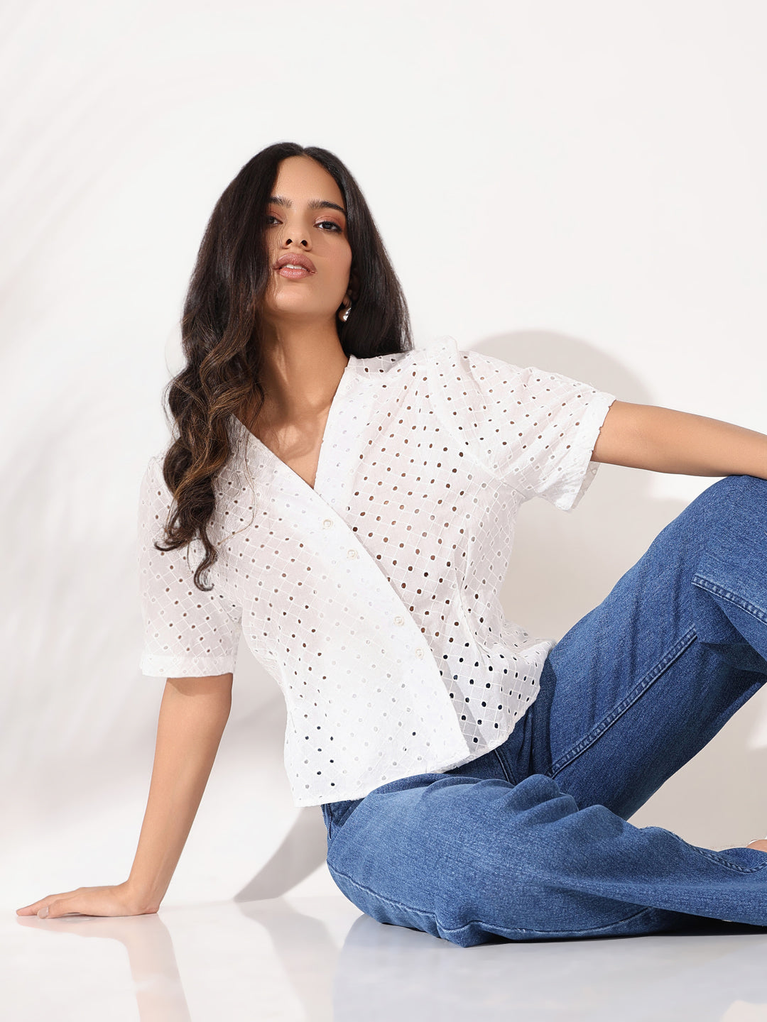 Women's Off White Solid Schiffli Top