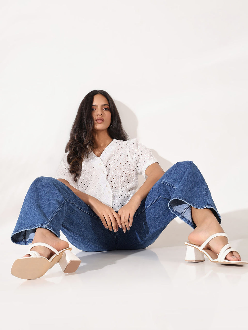 Women's Off White Solid Schiffli Top