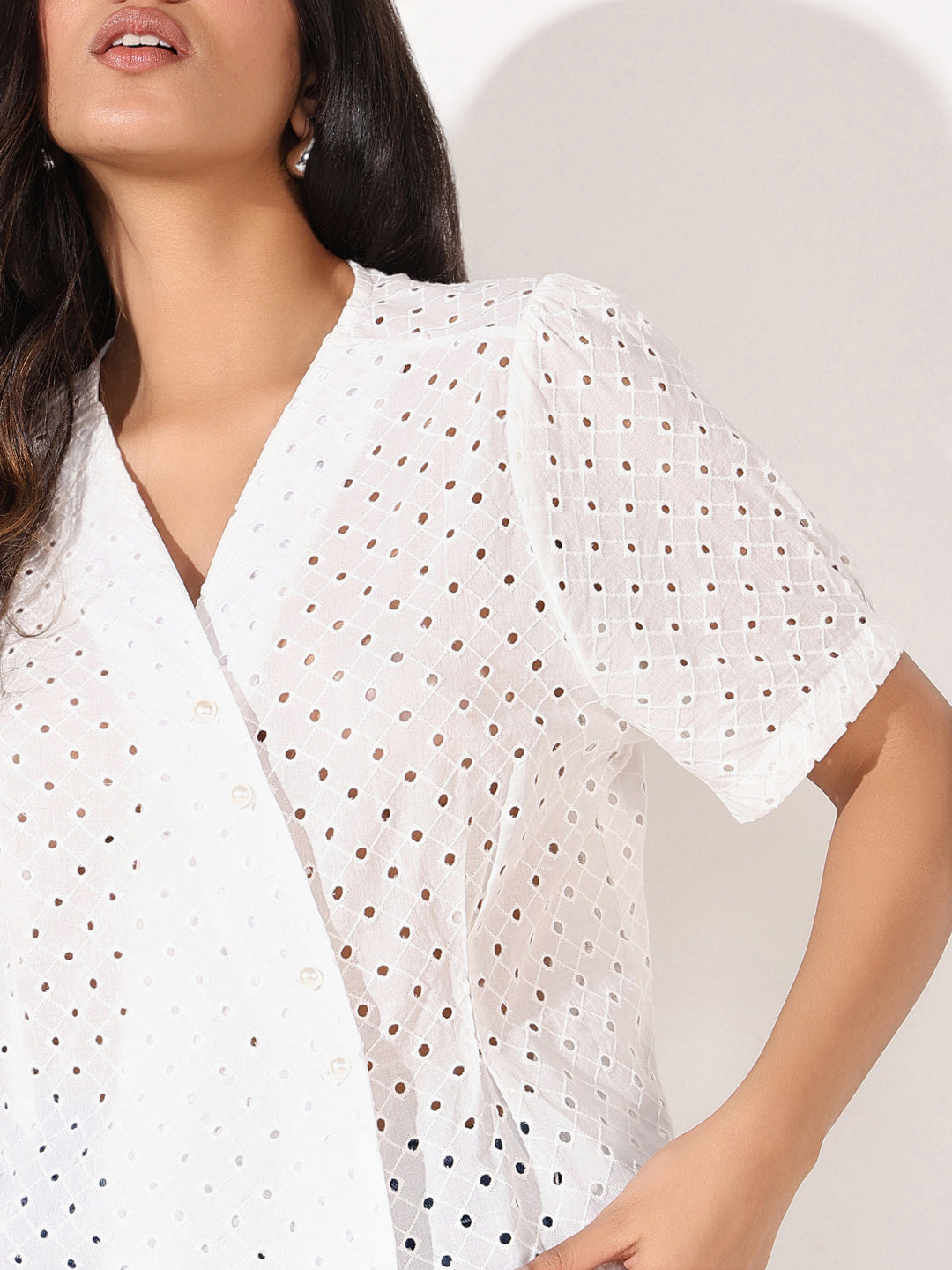 Women's Off White Solid Schiffli Top