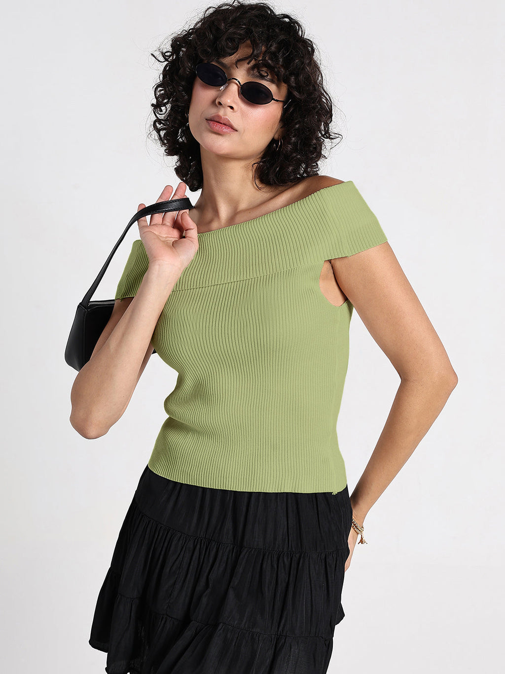 Women's Ribbed Green Off-Shoulder Top