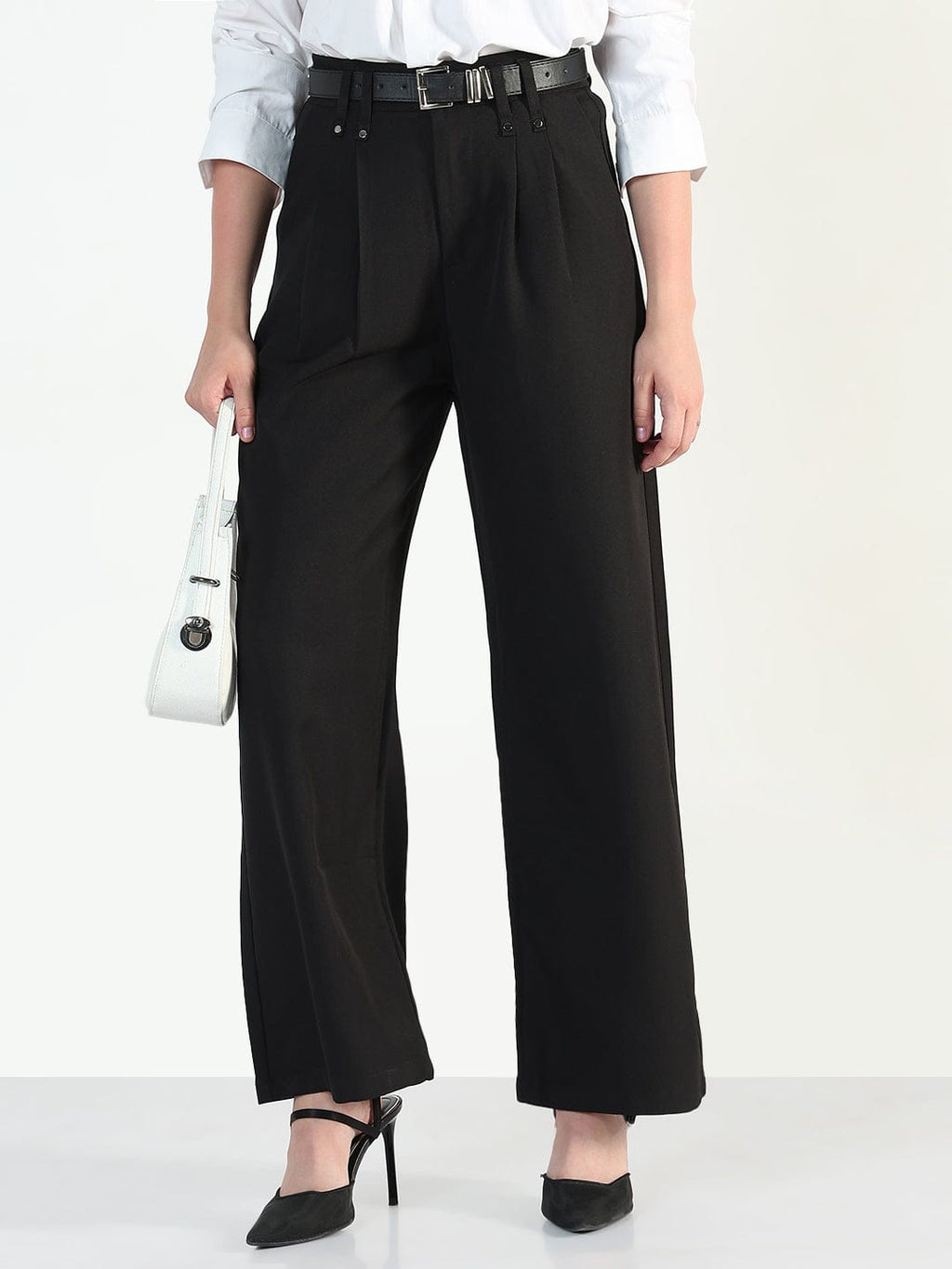 Women's Black Straight Fit Trousers with Belt