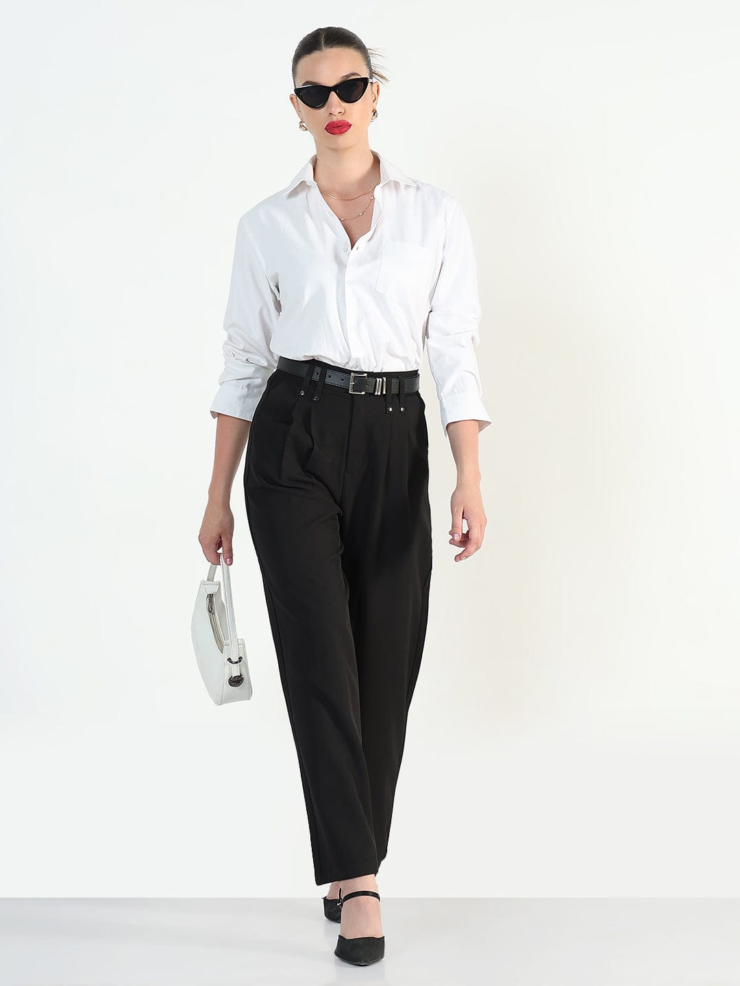 Women's Black Straight Fit Trousers with Belt