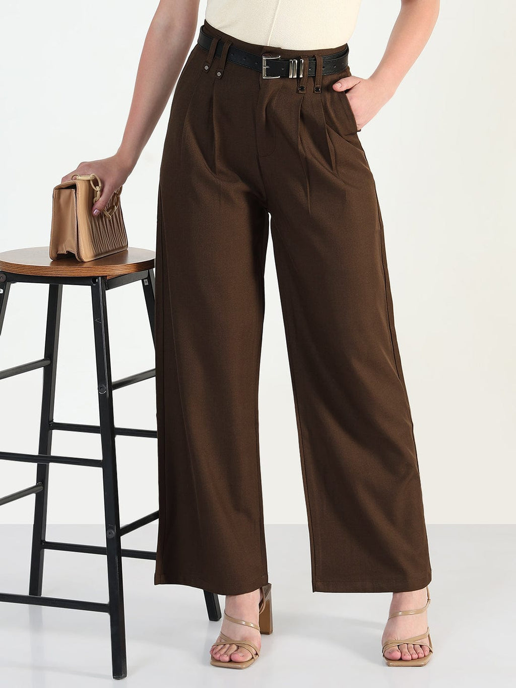 Women's Brown Straight Fit Trousers with Belt