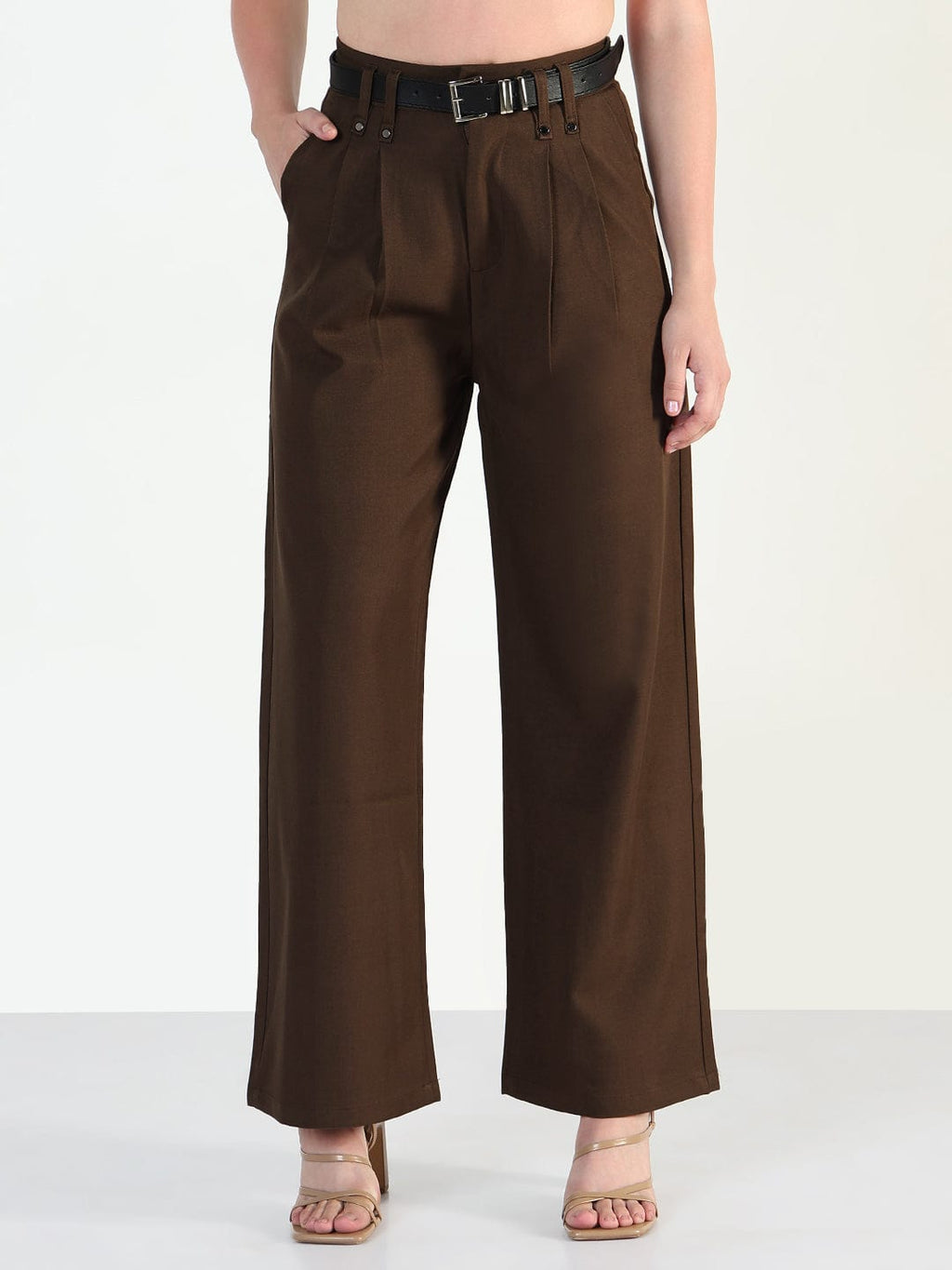 Women's Brown Straight Fit Trousers with Belt