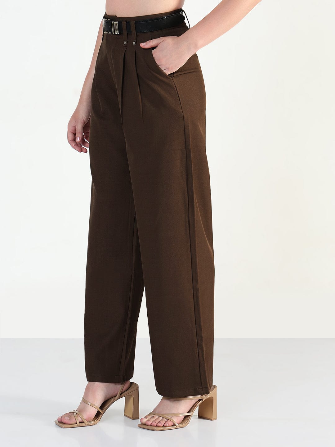 Women's Brown Straight Fit Trousers with Belt