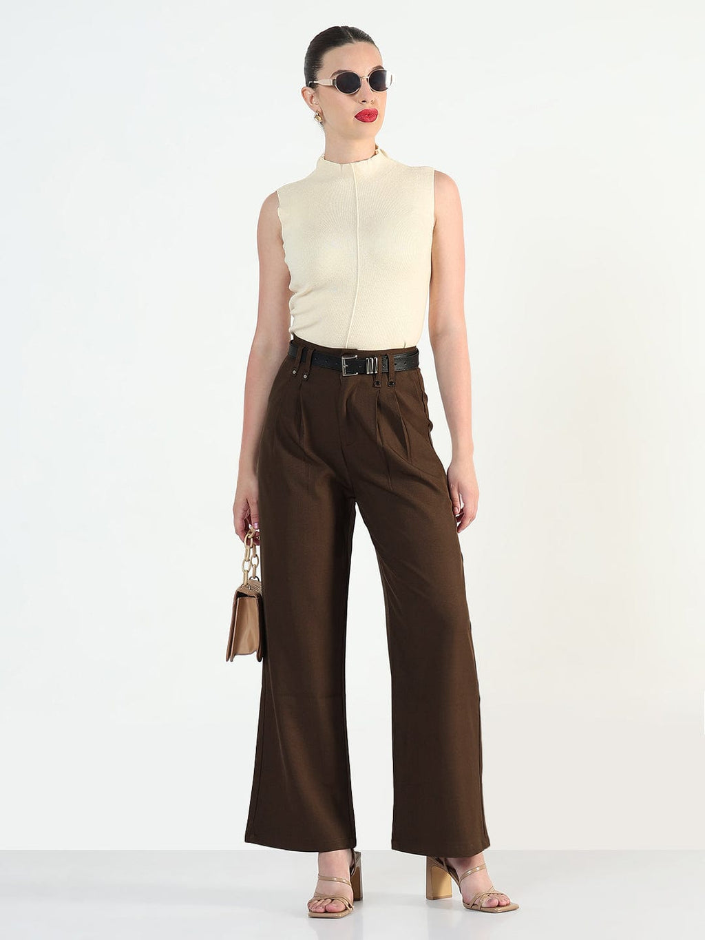 Women's Brown Straight Fit Trousers with Belt