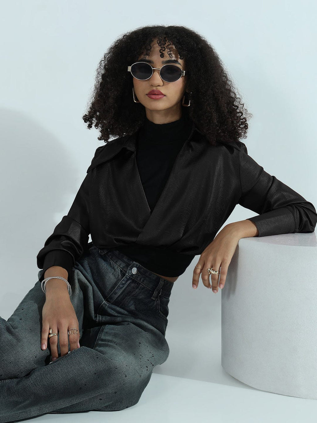 Women's Black Faux Leather Shirt Style Crop Top