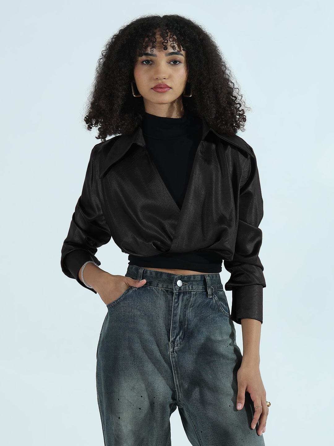 Women's Black Faux Leather Shirt Style Crop Top