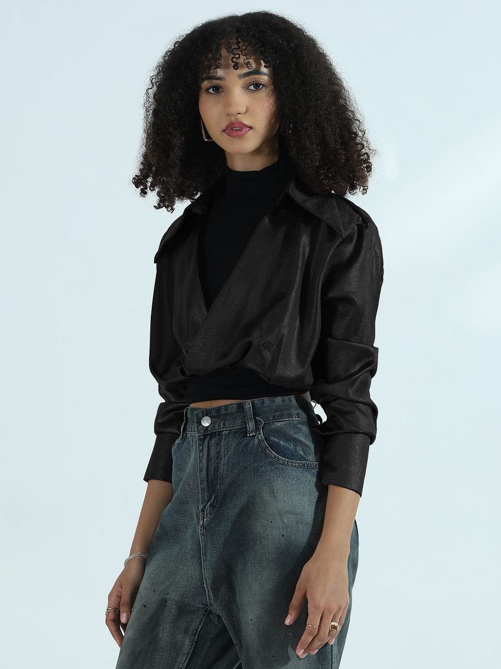 Women's Black Faux Leather Shirt Style Crop Top
