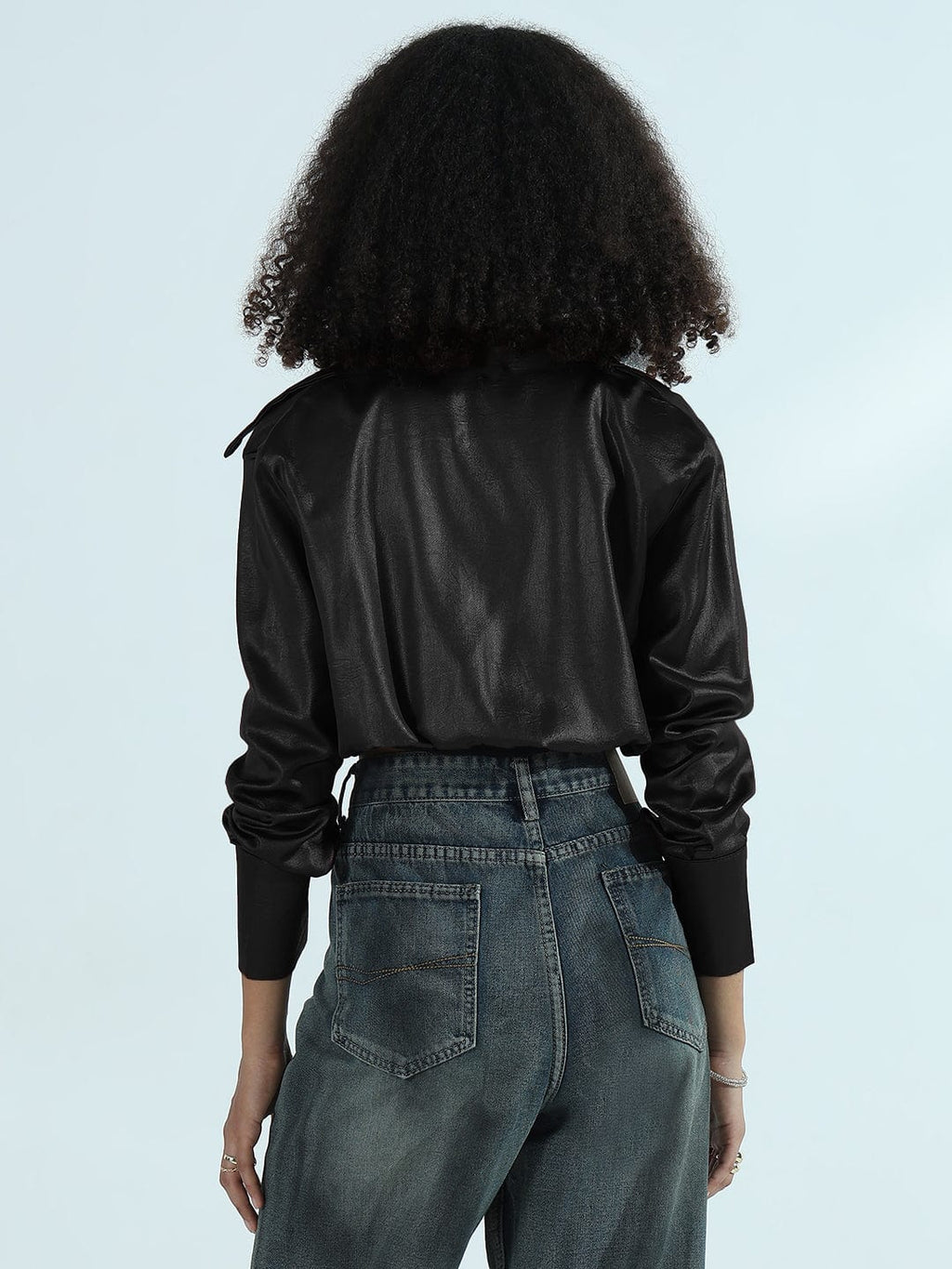 Women's Black Faux Leather Shirt Style Crop Top