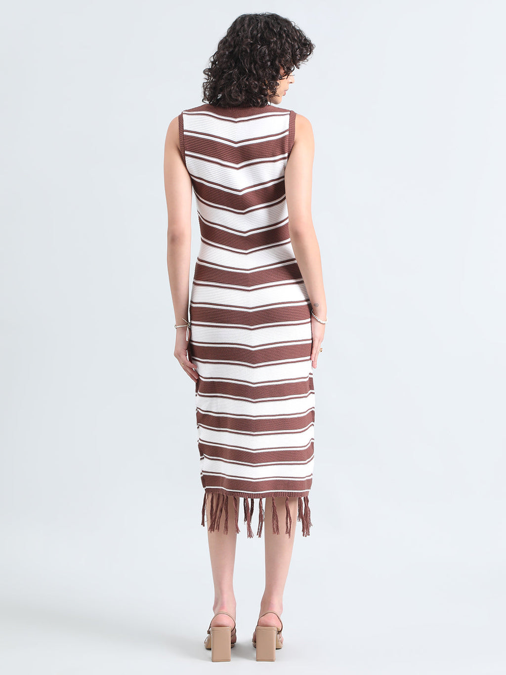 Women's Ribbed Brown Striped Midi Dress with Fringe Detail