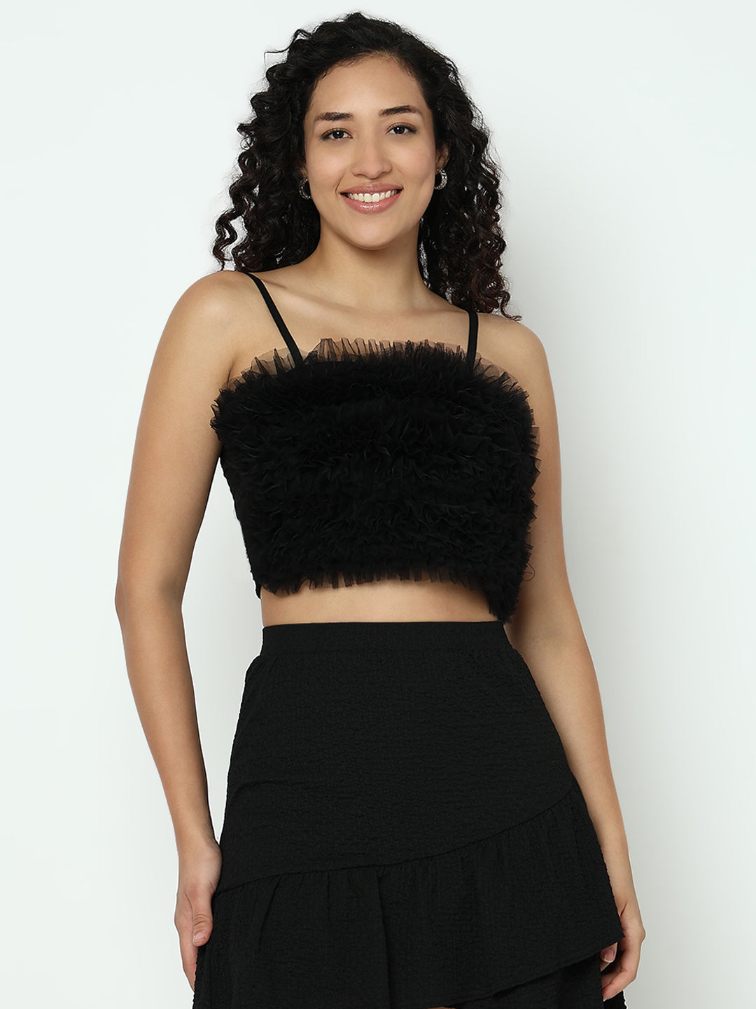 Women's Ruffle Black Net Crop Top with Shoulder Straps