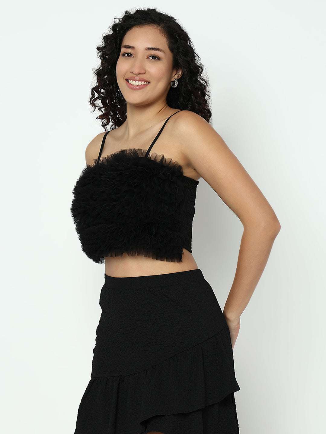 Women's Ruffle Black Net Crop Top with Shoulder Straps