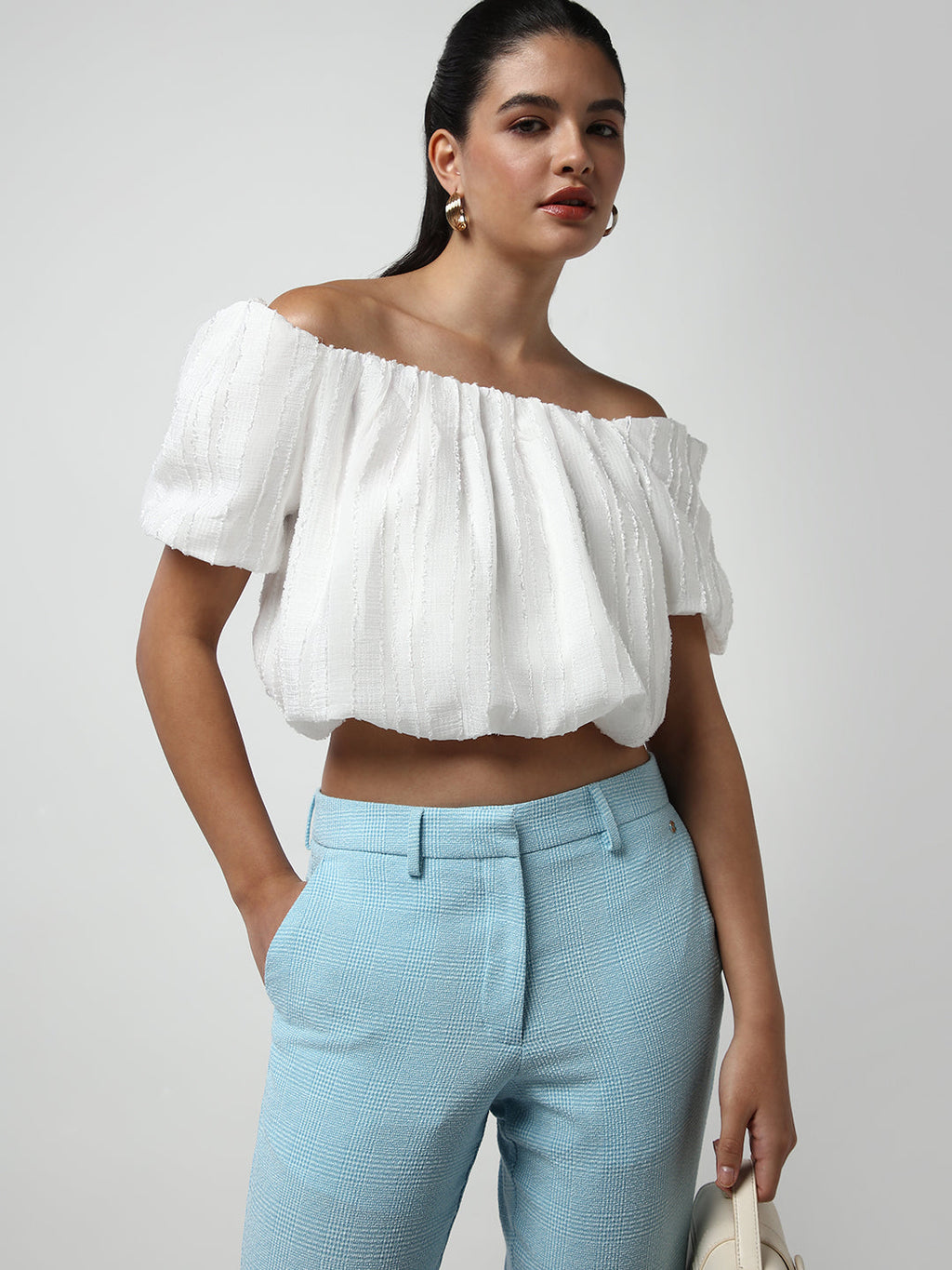 Women's White Off-Shoulder Puff Sleeve Blouson Crop Top