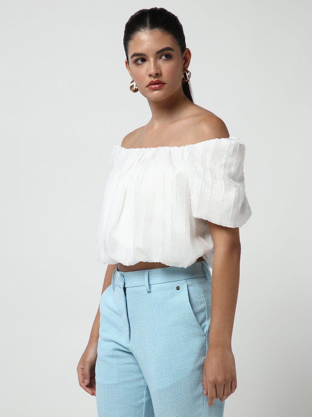 Women's White Off-Shoulder Puff Sleeve Blouson Crop Top