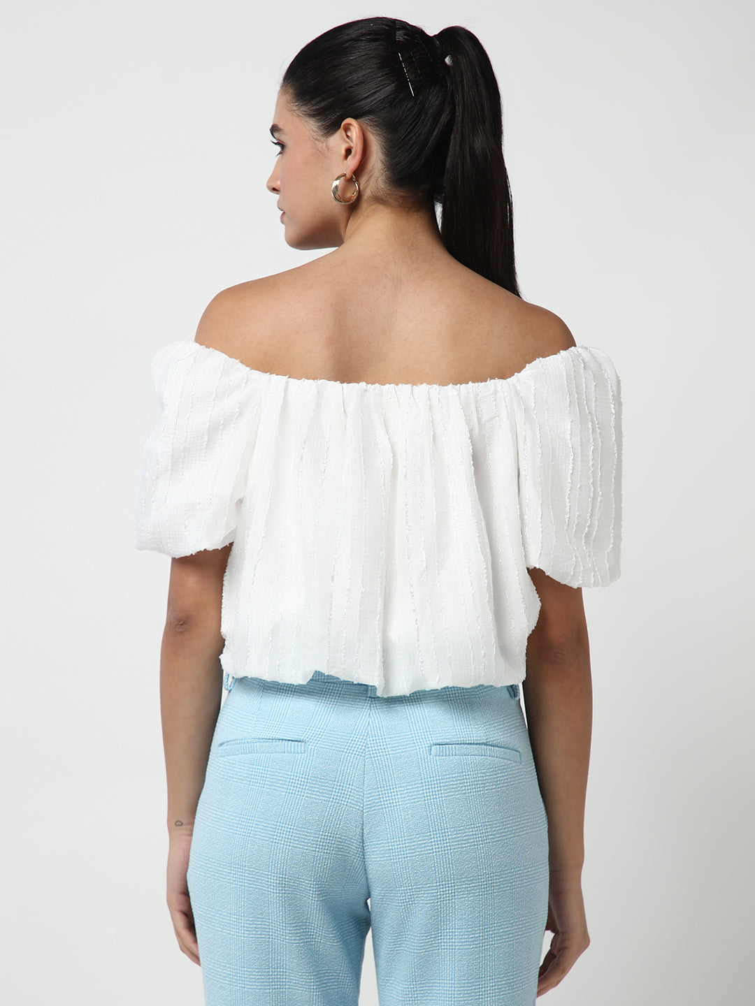 Women's White Off-Shoulder Puff Sleeve Blouson Crop Top