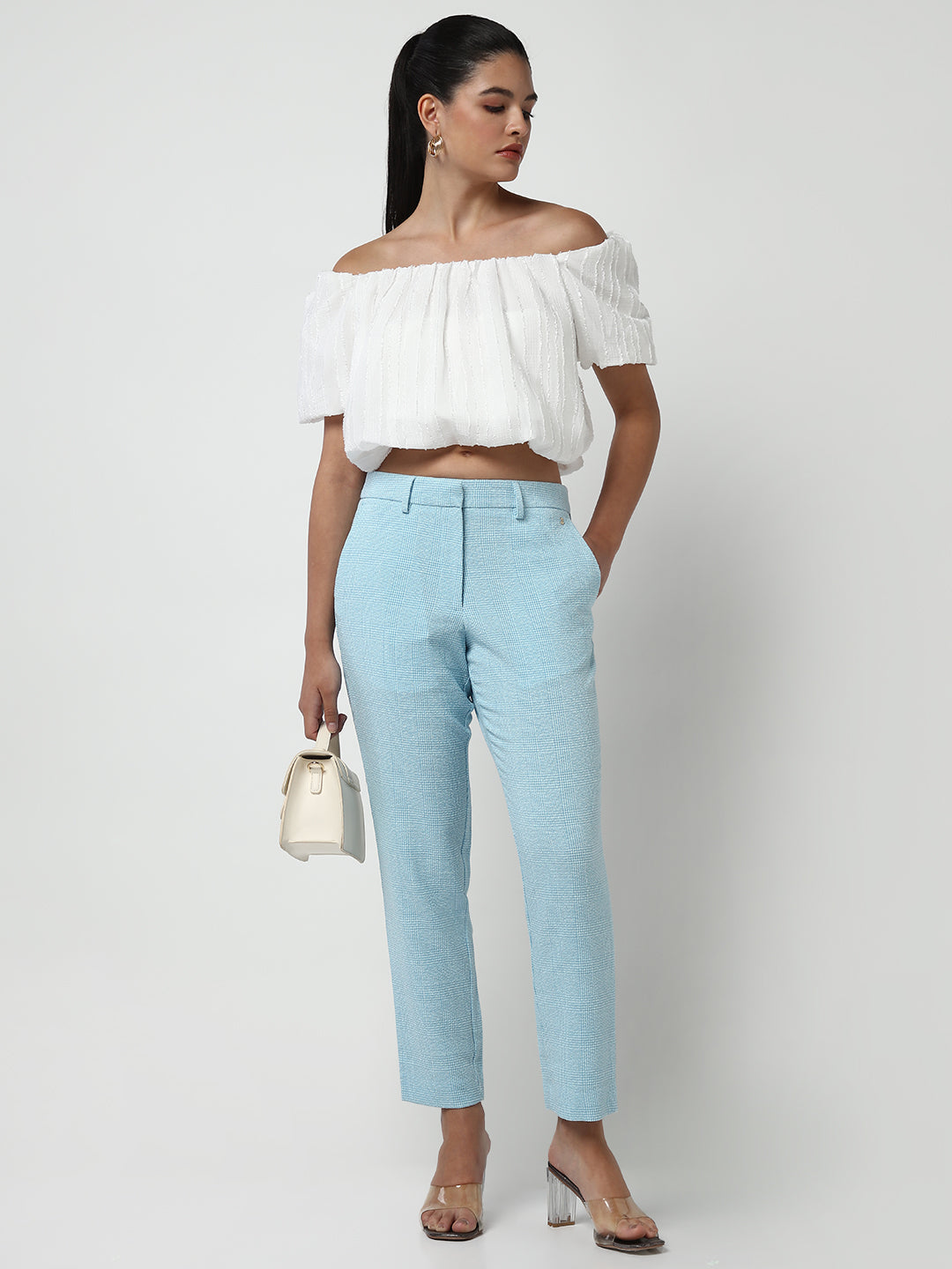 Women's White Off-Shoulder Puff Sleeve Blouson Crop Top