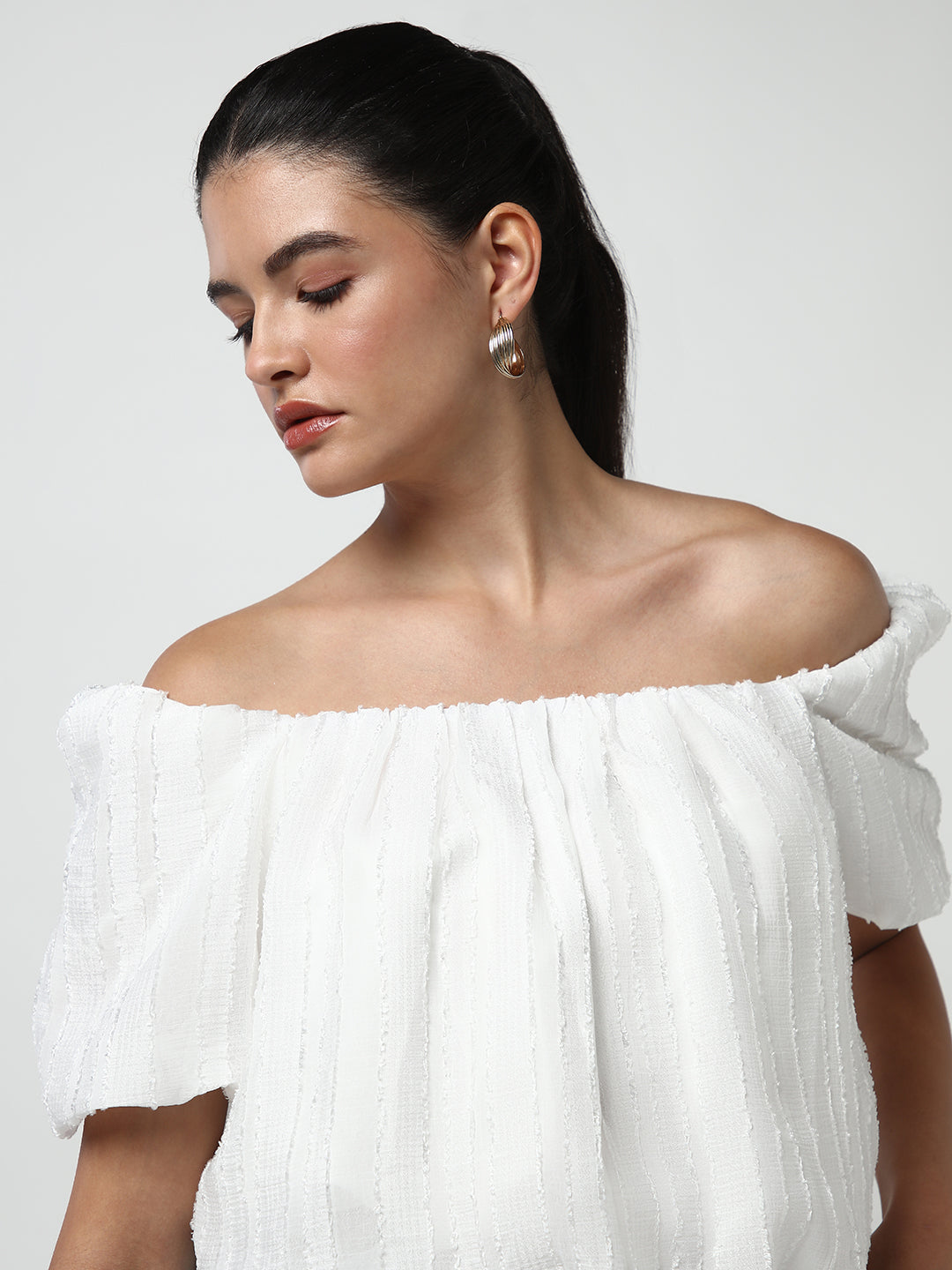 Women's White Off-Shoulder Puff Sleeve Blouson Crop Top