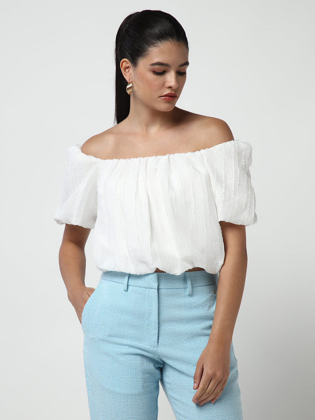 Women's White Off-Shoulder Puff Sleeve Blouson Crop Top