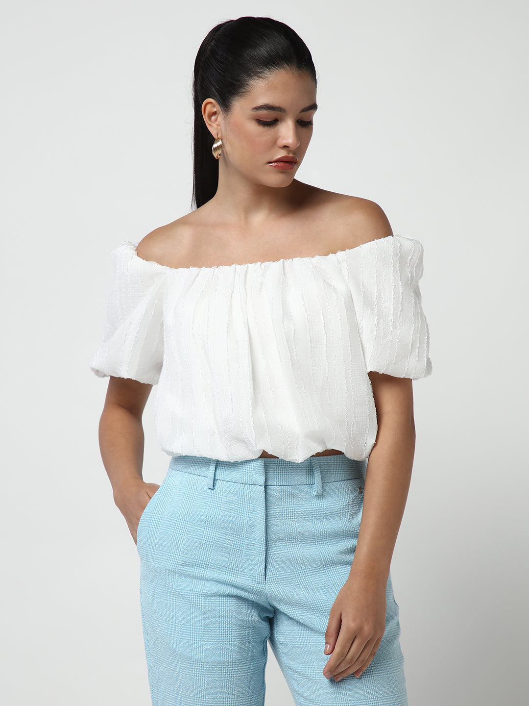 Women's White Off-Shoulder Puff Sleeve Blouson Crop Top