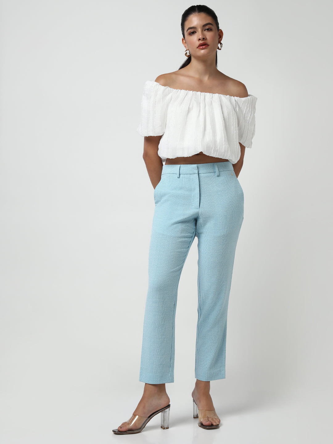 Women's White Off-Shoulder Puff Sleeve Blouson Crop Top