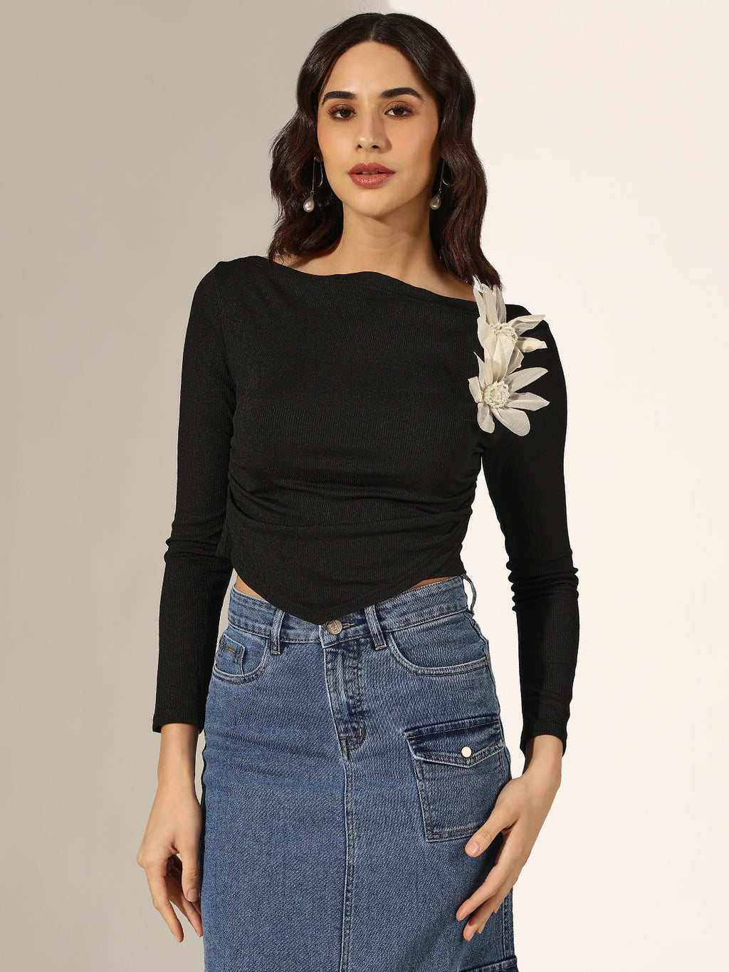 Women's Ribbed Black Ruched Top with Flower Applique Detail