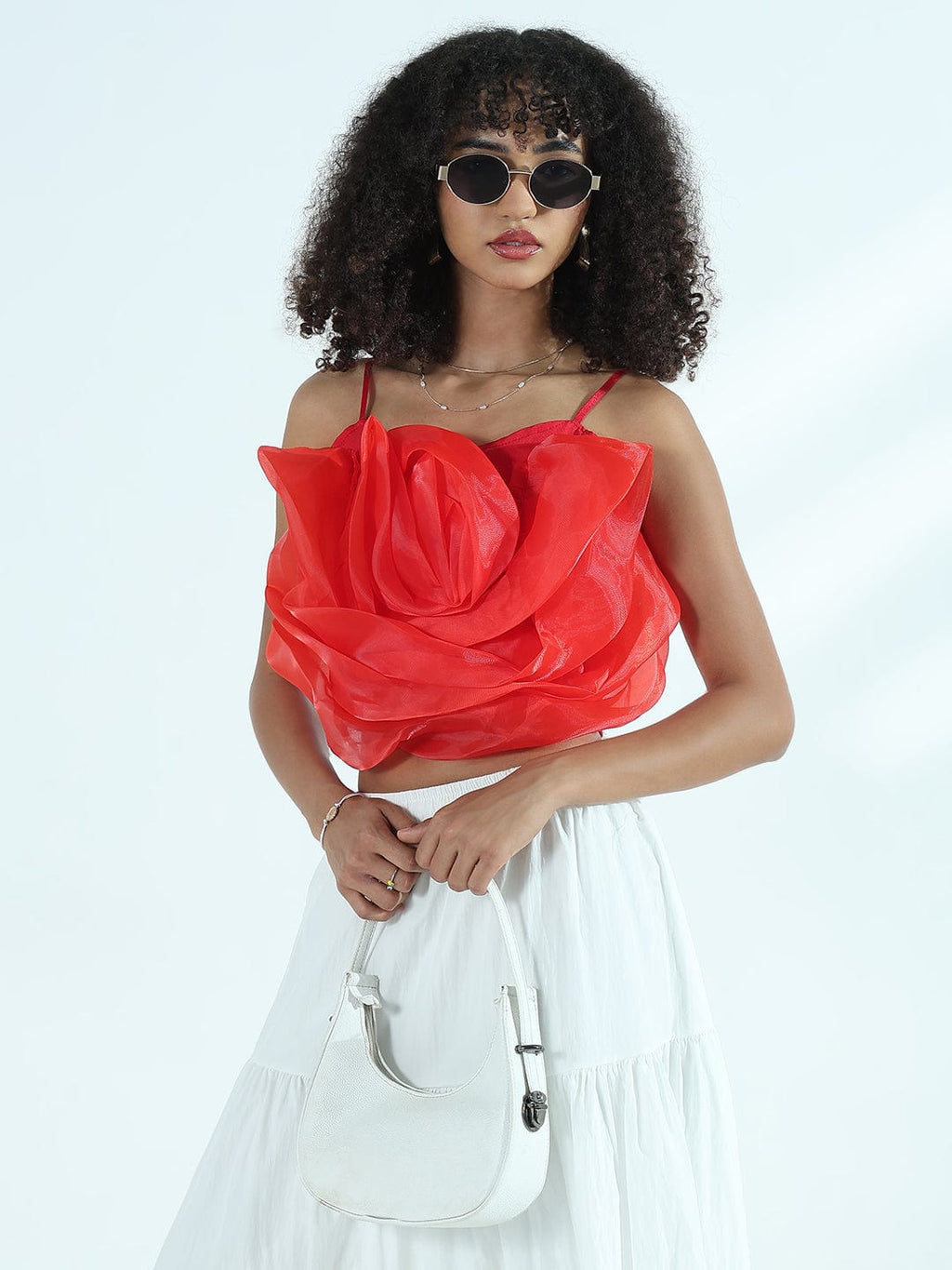 Women's Red Organza Rose Crop Top