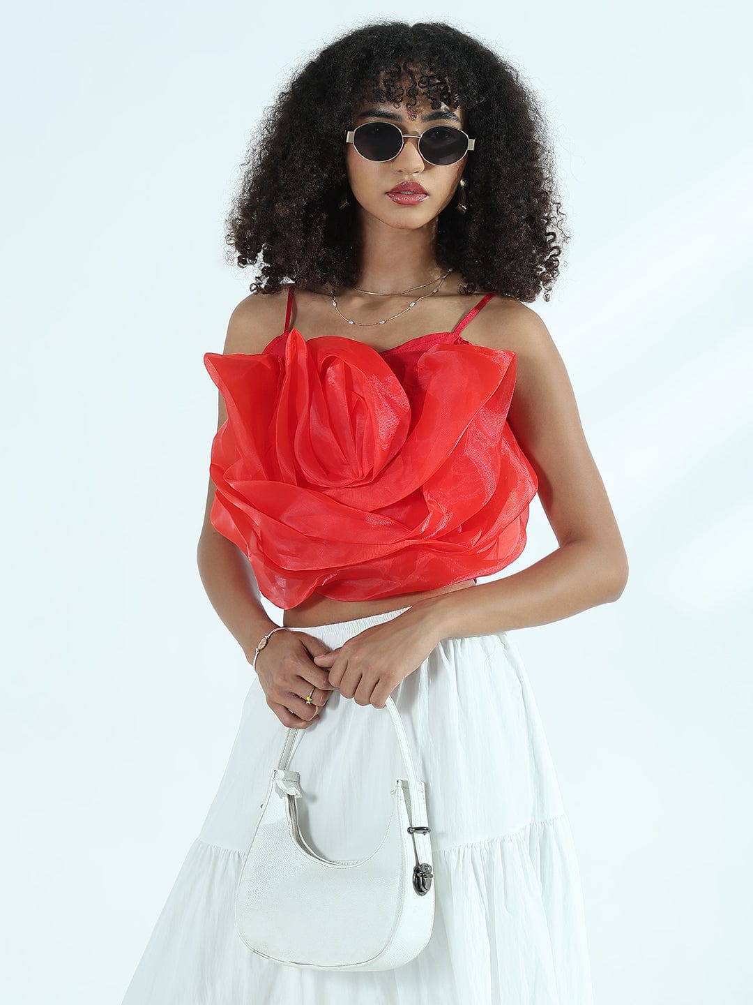 Women's Red Organza Rose Crop Top