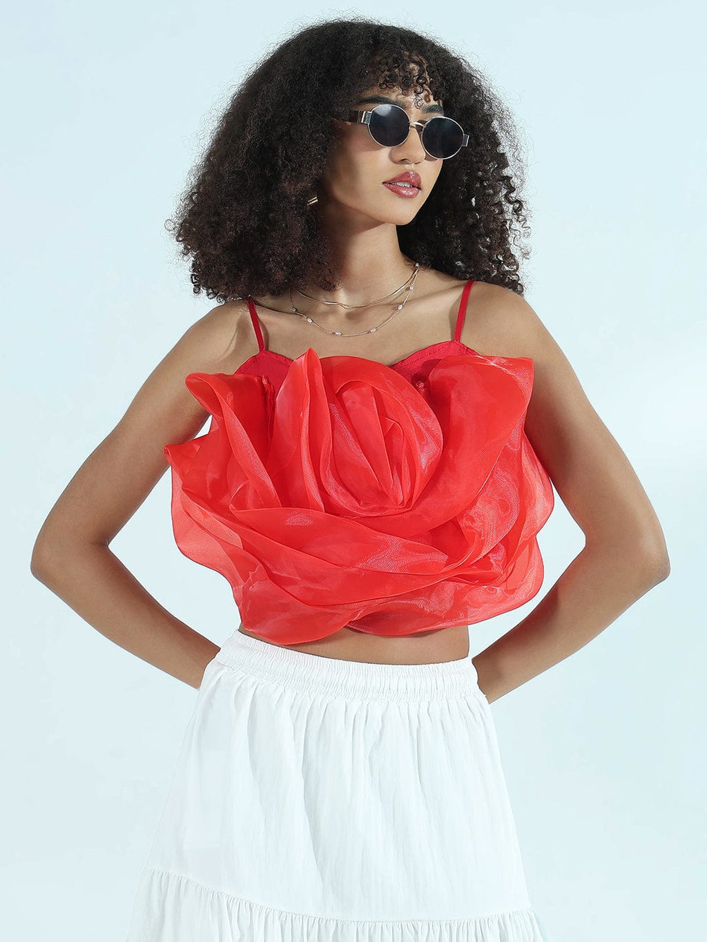 Women's Red Organza Rose Crop Top