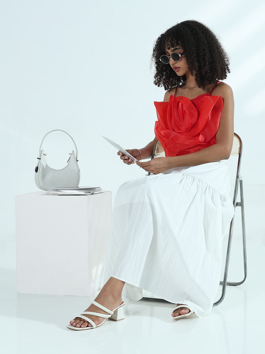 Women's Red Organza Rose Crop Top