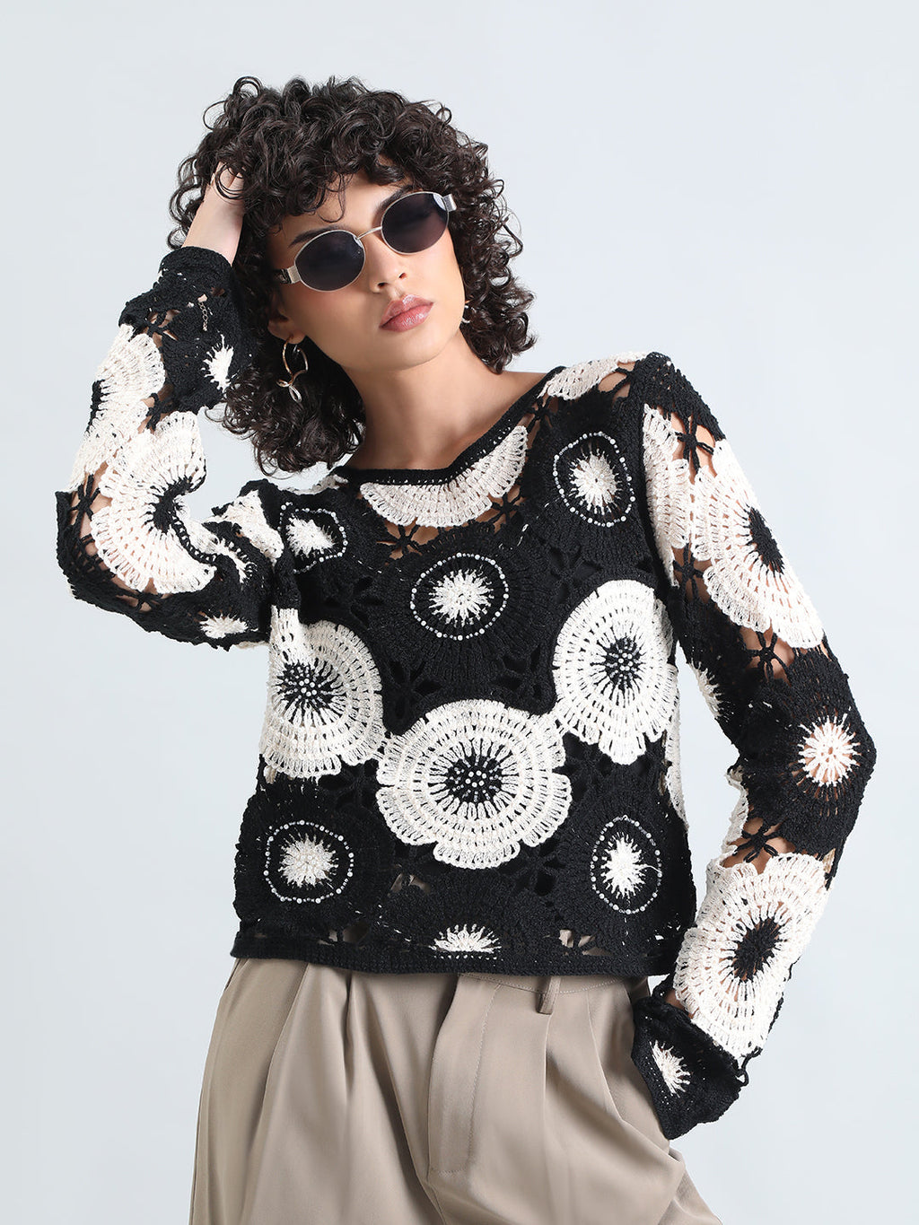 Women's Floral Black and White Crochet Top