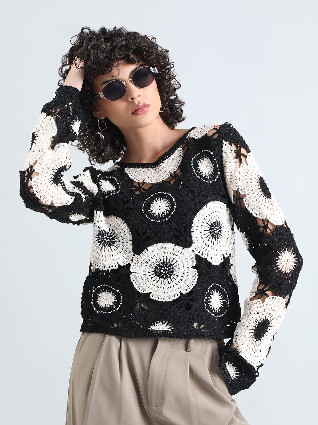 Women's Floral Black and White Crochet Top