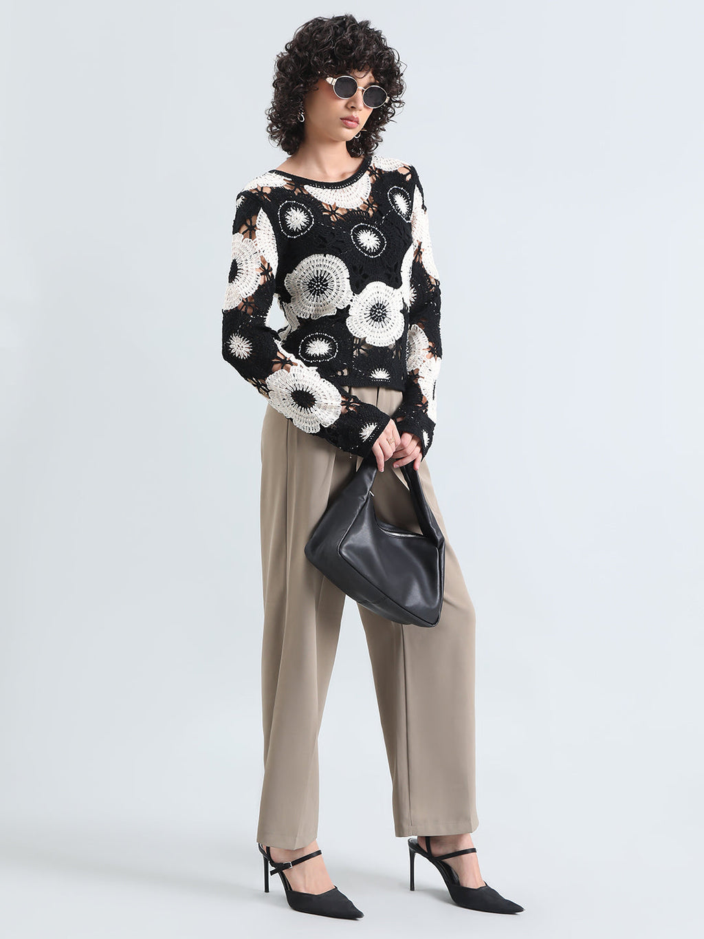 Women's Floral Black and White Crochet Top